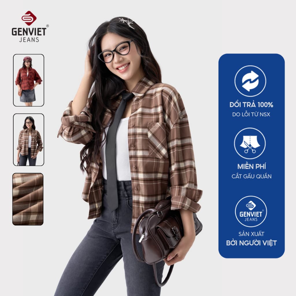 Áo sơ mi nữ kiểu dài tay GENVIET JEANS kẻ thô dáng suông vừa form basic dễ phối đồ 9140