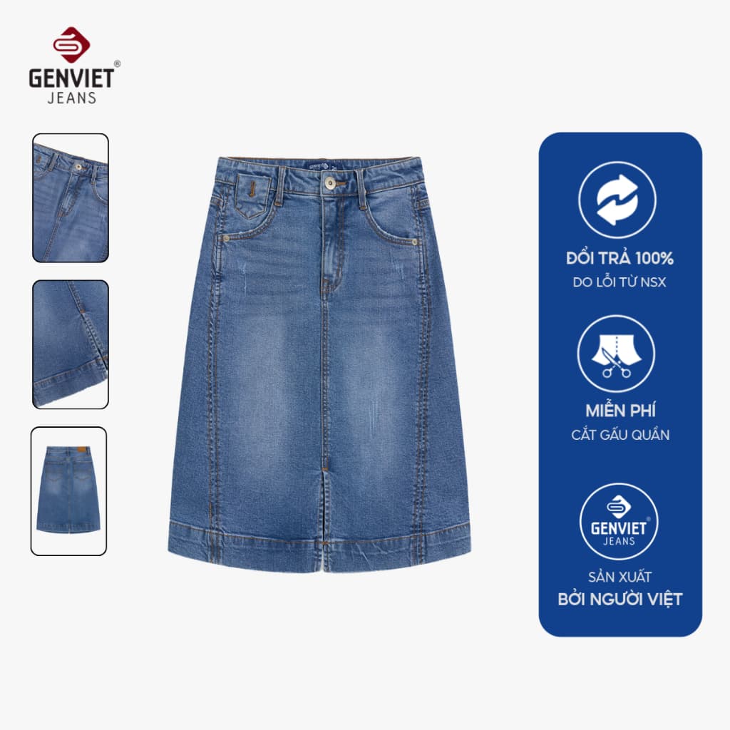 Chân váy jean nữ dáng chữ A midi GENVIET JEANS xẻ tà trước mài nhẹ cạp cao giấu bụng thanh lịch basic TJ1228J09113