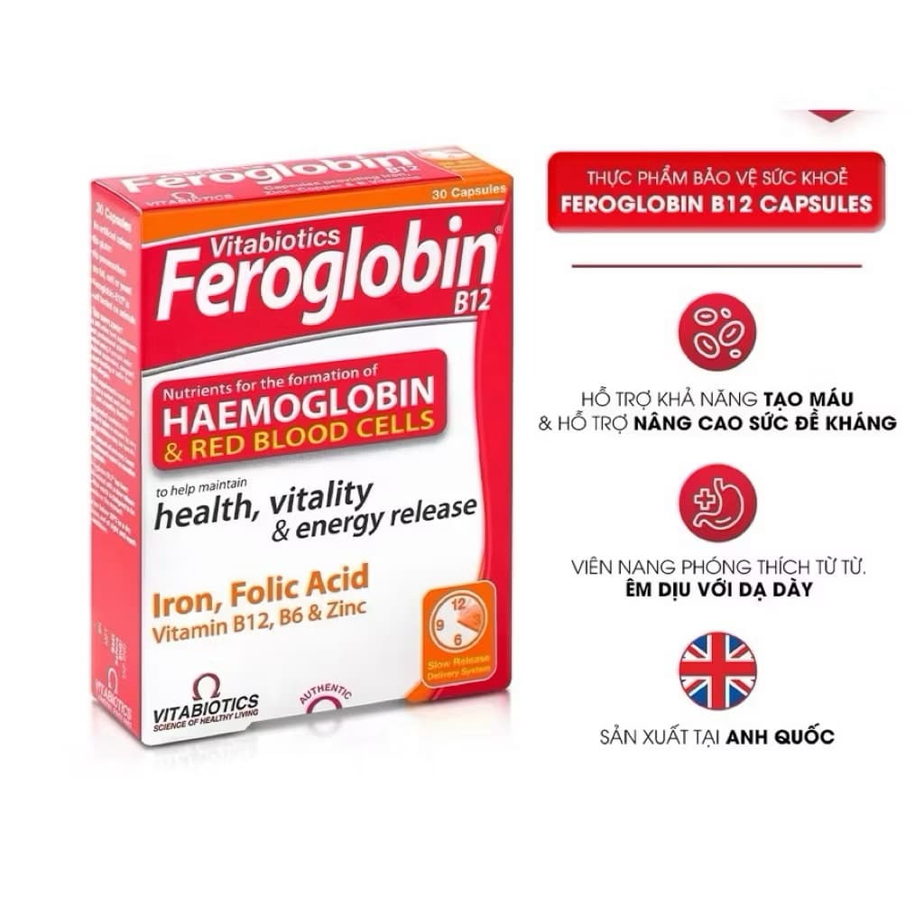 FEROGLOBIN B12 Capsules Hỗ Trợ Tăng Khả Năng Tạo Máu Hộp 30 Viên Vitabiotics< BUNBUN SHOP