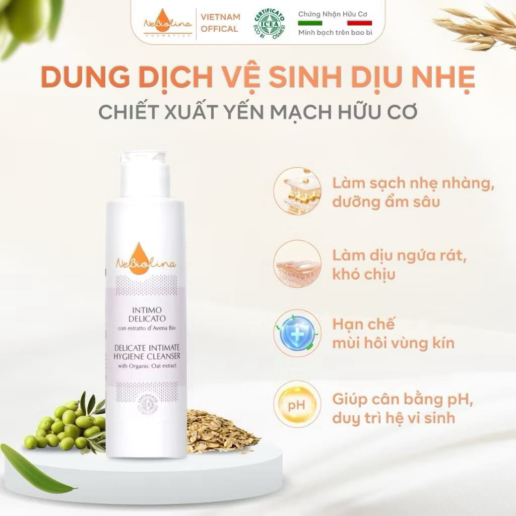 Dung dịch vệ sinh phụ nữ chiết xuất Yến mạch Hữu cơ NeBiolina, làm sạch, dưỡng ẩm, giảm ngứa 200ml> BUN BUN SHOP