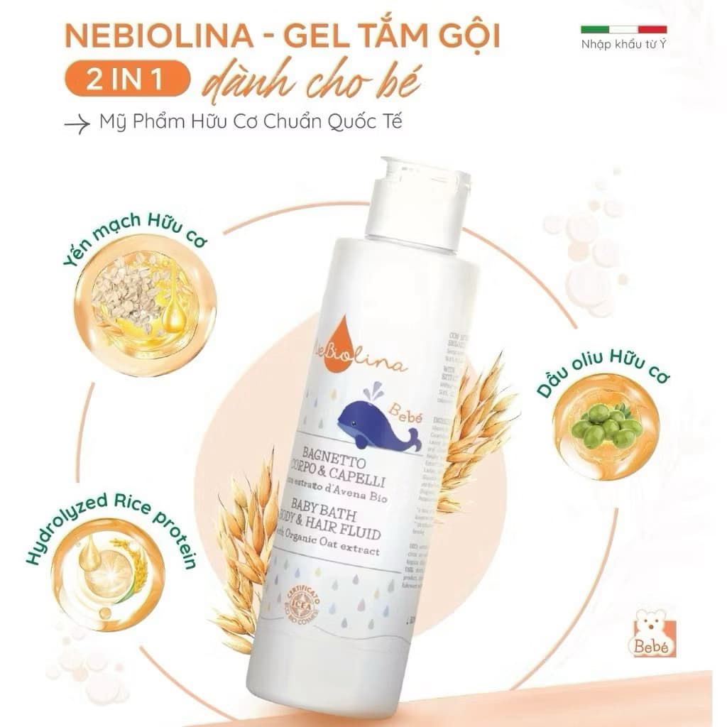 Sữa Tắm Gội Cho Bé Nebiolina - Chiết Xuất Yến Mạch Hữu Cơ Không Cay Mắt Dịu Nhẹ Cho Trẻ Từ Sơ Sinh 200m.> BUN BUN SHOP