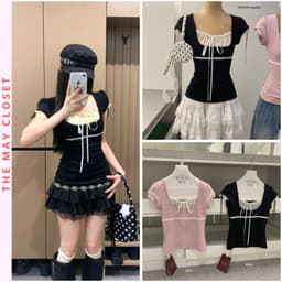 [SALE] 𝑻𝒉𝒆𝑴𝒂𝒚 x 𝐖𝐆𝐖𝐄/ Áo Thun Kiểu Nữ Tay Bồng WG.WE 9406, Phối Ren Ngực Dáng Ôm Tôn Dáng 1
