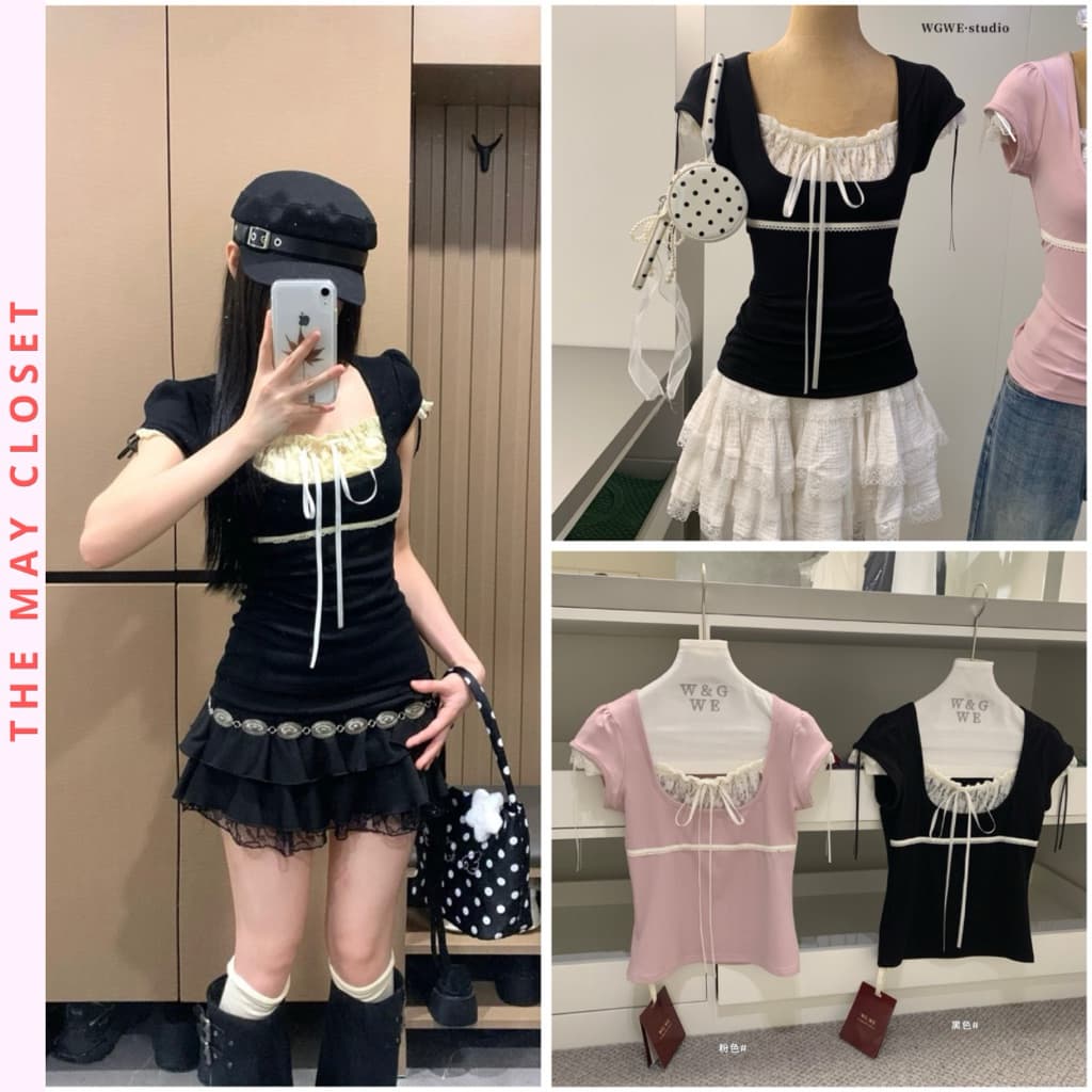 [SALE] 𝑻𝒉𝒆𝑴𝒂𝒚 x 𝐖𝐆𝐖𝐄/ Áo Thun Kiểu Nữ Tay Bồng WG.WE 9406, Phối Ren Ngực Dáng Ôm Tôn Dáng