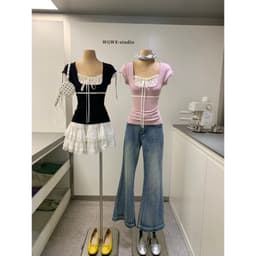 [SALE] 𝑻𝒉𝒆𝑴𝒂𝒚 x 𝐖𝐆𝐖𝐄/ Áo Thun Kiểu Nữ Tay Bồng WG.WE 9406, Phối Ren Ngực Dáng Ôm Tôn Dáng 2