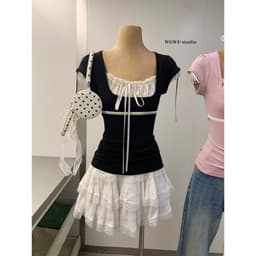 [SALE] 𝑻𝒉𝒆𝑴𝒂𝒚 x 𝐖𝐆𝐖𝐄/ Áo Thun Kiểu Nữ Tay Bồng WG.WE 9406, Phối Ren Ngực Dáng Ôm Tôn Dáng 3