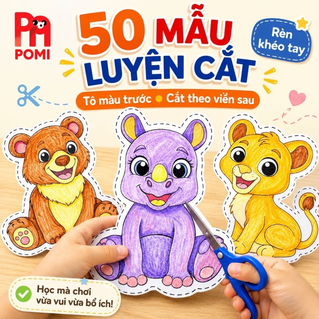 50 Tranh Tô Cắt cho Bé Chủ Đề Con Vật – Tô Màu, Cắt Theo Viền, Rèn Khéo Tay - Đồ chơi POMI