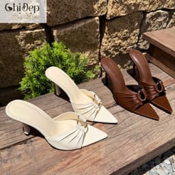 Dép cao gót da lụa 7-9 phân, guốc nữ khuy đồng xếp ly Chị Đẹp Store U152 2
