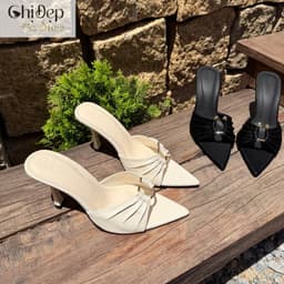 Dép cao gót da lụa 7-9 phân, guốc nữ khuy đồng xếp ly Chị Đẹp Store U152 5