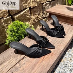 Dép cao gót da lụa 7-9 phân, guốc nữ khuy đồng xếp ly Chị Đẹp Store U152 7
