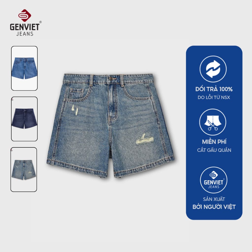 Quần sooc jean chữ A nữ cạp cao GENVIET JEANS kẻ xước denim cao cấp tôn dáng dễ phối đồ 8901
