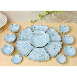 Bộ Bát Đĩa Hoa Mặt Trời 15 Món Gốm Sứ Bát Tràng, Set Chén Đĩa Gốm Sứ Sang Trọng Decor Bàn Ăn, Quà Tặng Tân Gia 1