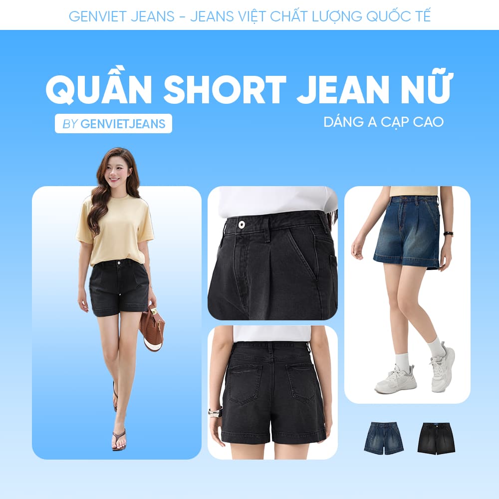 Quần short đùi nữ dáng A GENVIET JEANS cạp cap denim dáng suông xếp ly thời trang tôn dáng 9236
