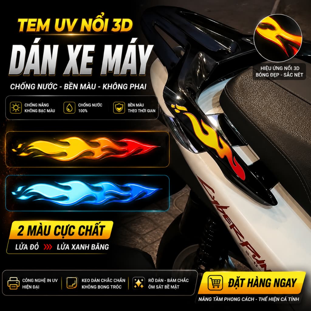 Tem Lửa 🔥dán xe máy, xe điện ,lattop,nón bảo hiểm ,Tem nổi 3D chống nước, chống xước