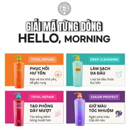Dầu Gội Hello, Morning 600mlx2–Phục Hồi Hư Tổn, Làm Sạch Da Đầu, Giữ Màu Tóc Nhuộm, Tạo Độ Phồng Tóc 1