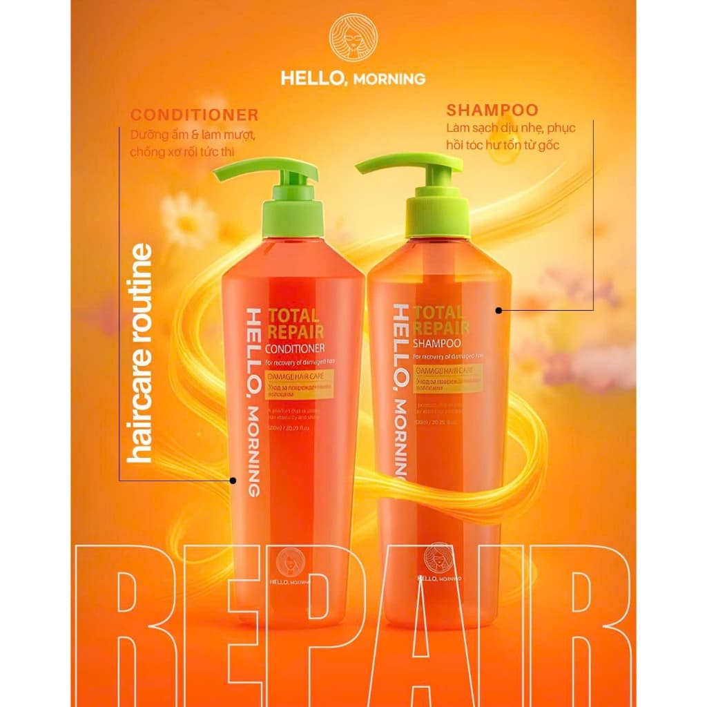 Cặp Dầu Gội Xả Phục Hồi Tóc Hư Tổn Hello Morning Total Repair 600ml x2 - Phục Hồi Giảm Gãy Rụng