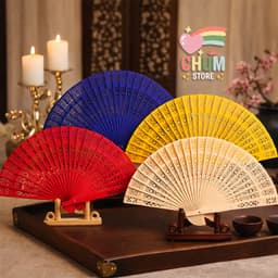 Quạt gỗ cổ trang nhiều màu xếp cầm tay phong cách Trung Quốc 1