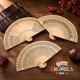 Quạt gỗ nhiều màu cổ trang nhiều hoạt tiết làm oản, tháp độc đáo 2