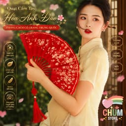 Quạt xếp HOA ĐÀO TRONG GIÓ nan nhựa nhiều màu hồng đen đỏ phong cách cổ trang tập múa 1