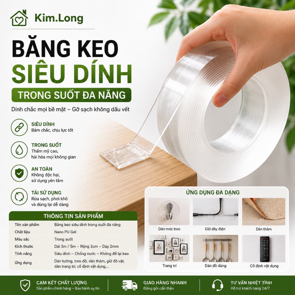 Băng keo nano hai mặt trong suốt 3cm, đa năng và tiện ích cho mọi nhu cầu.