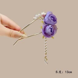 Trâm Cài Tóc Chữ U Kim Loại Mạ Vàng Dáng Hoa Mẫu Đơn Tím Quý Phái, Trâm Búi Tóc Tua Rua Ngọc Phong Cách Cổ Trang Cá 5