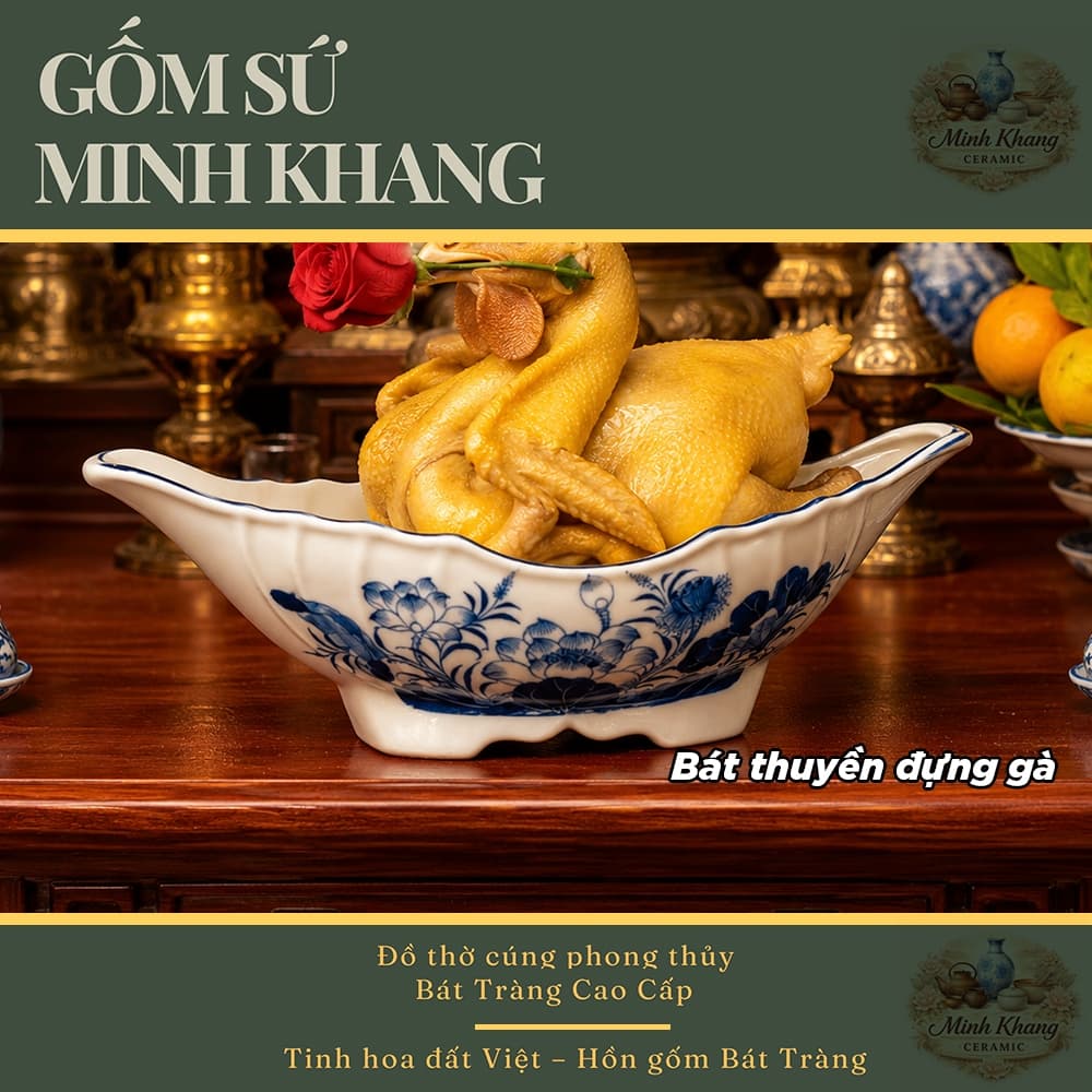 Bát Thuyền Đựng Gà Cúng Nguyên Con 31cm Sứ Bát Tràng, Bát Thả Gà Lòng Sâu Có Chân Đế Dùng Thắp Hương Gia Tiên