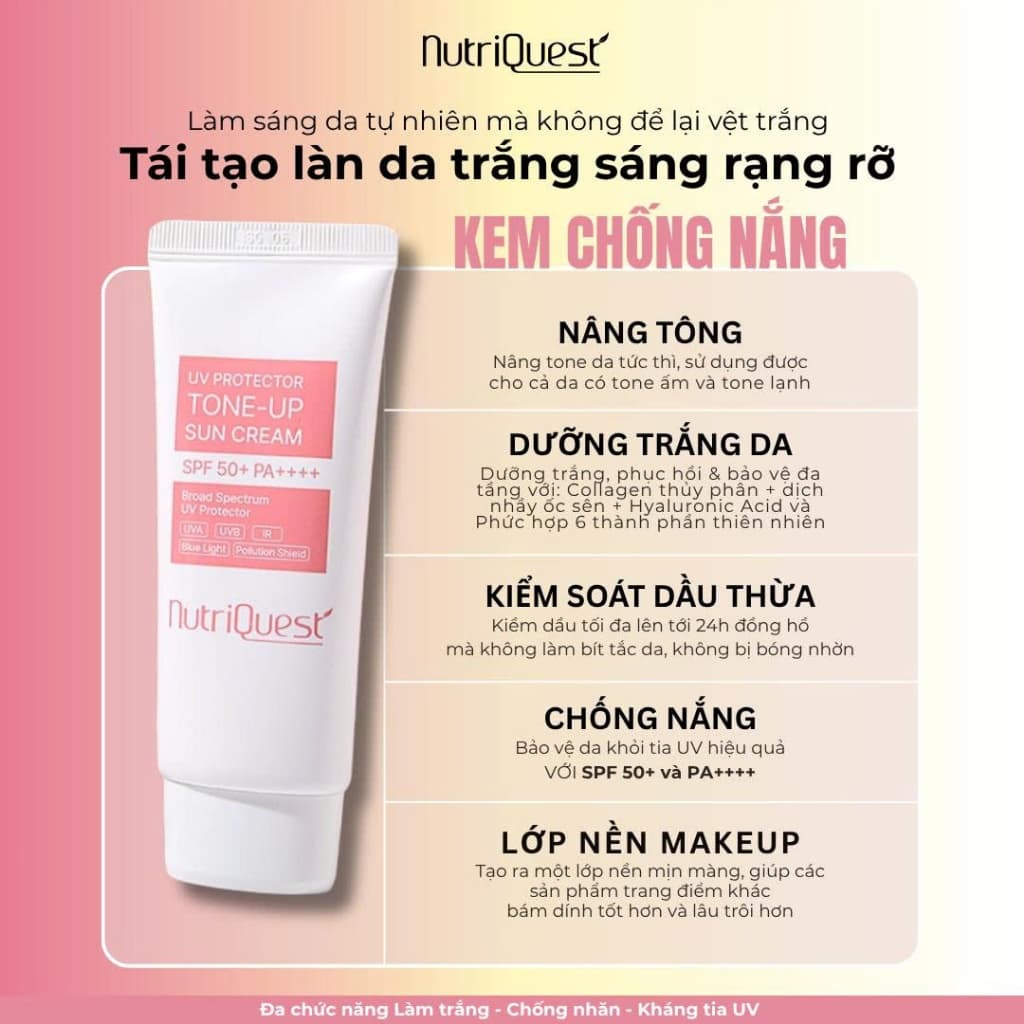 Kem Chống Nắng Dưỡng Sáng Da NutriQuest SPF50+ PA++++ – Mỏng Nhẹ, Không Bết Rít, Chống UVA UVB 60ML
