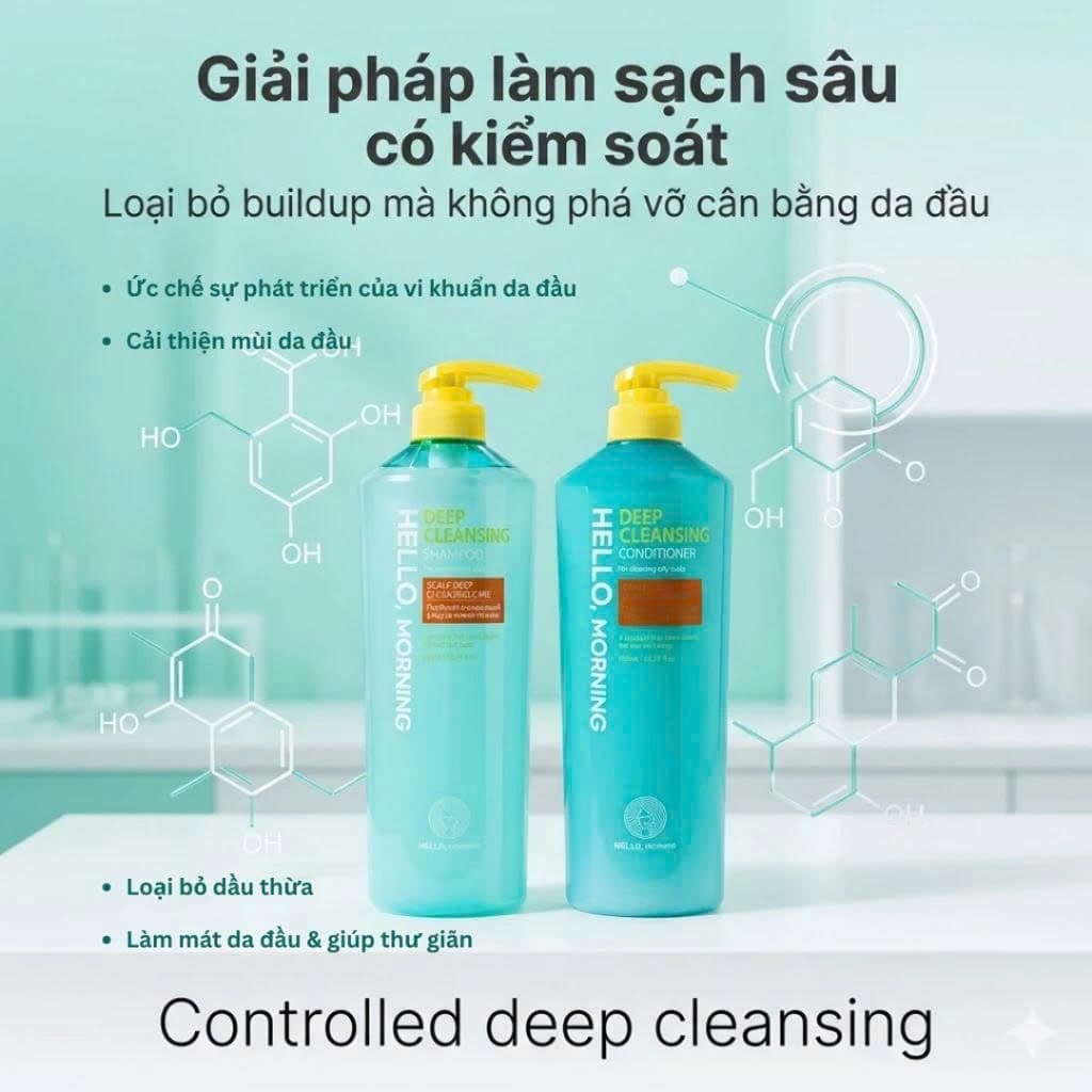 Cặp Dầu Gội Xả Làm Sạch Sâu Da Đầu Hello Morning Deep Cleansing 600ml – Sạch Sâu Bã Nhờn, Giảm Ngứa