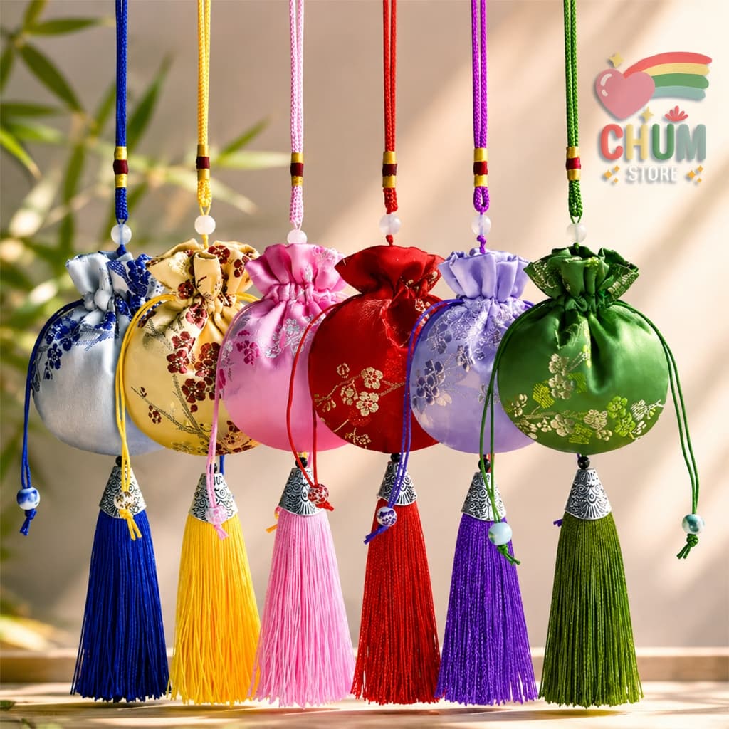 Túi Gấm Thêu Hoa Hầu Bao Cổ Trang May Mắn Phụ Kiện Đeo Trang Trí Tết Cưới Sang Trọng Tao Nhã Thanh Lịch
