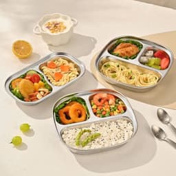 Khay Cơm Inox 3 Ngăn TẶNG THÌA SAMSTORE, Lòng Sâu 3.3cm Bát Ăn In Hình Thú Dễ Thương 123 3