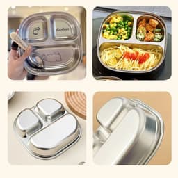 Khay Cơm Inox 3 Ngăn TẶNG THÌA SAMSTORE, Lòng Sâu 3.3cm Bát Ăn In Hình Thú Dễ Thương 123 4