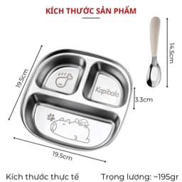 Khay Cơm Inox 3 Ngăn TẶNG THÌA SAMSTORE, Lòng Sâu 3.3cm Bát Ăn In Hình Thú Dễ Thương 123 2