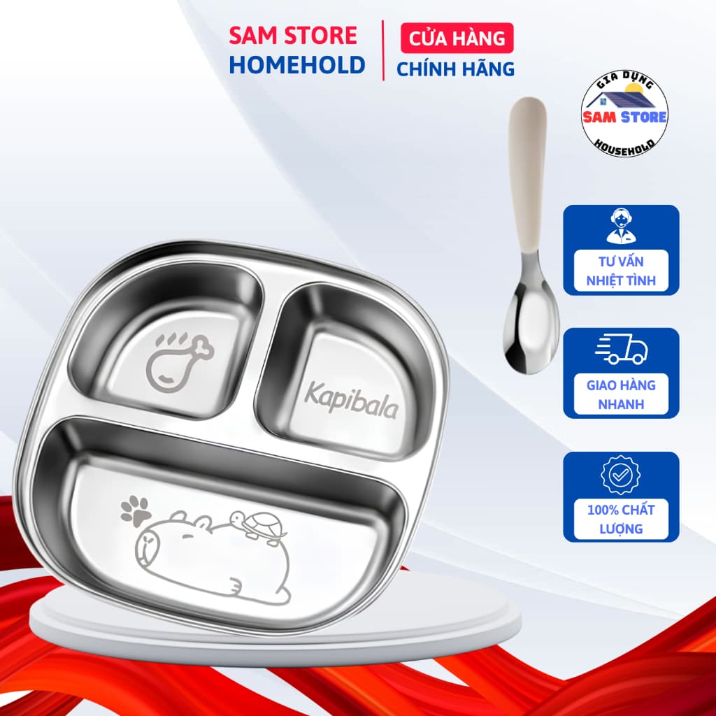 Khay Cơm Inox 3 Ngăn TẶNG THÌA SAMSTORE, Lòng Sâu 3.3cm Bát Ăn In Hình Thú Dễ Thương 123