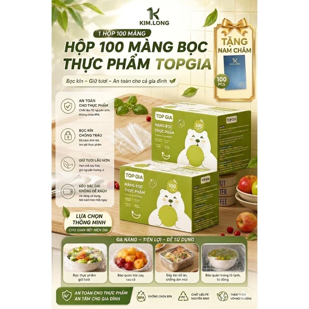 Hộp 100 Màng Bọc Thực Phẩm Treo Tường TopGia Cao Cấp - Tặng kèm Nam Châm tiện lợi!