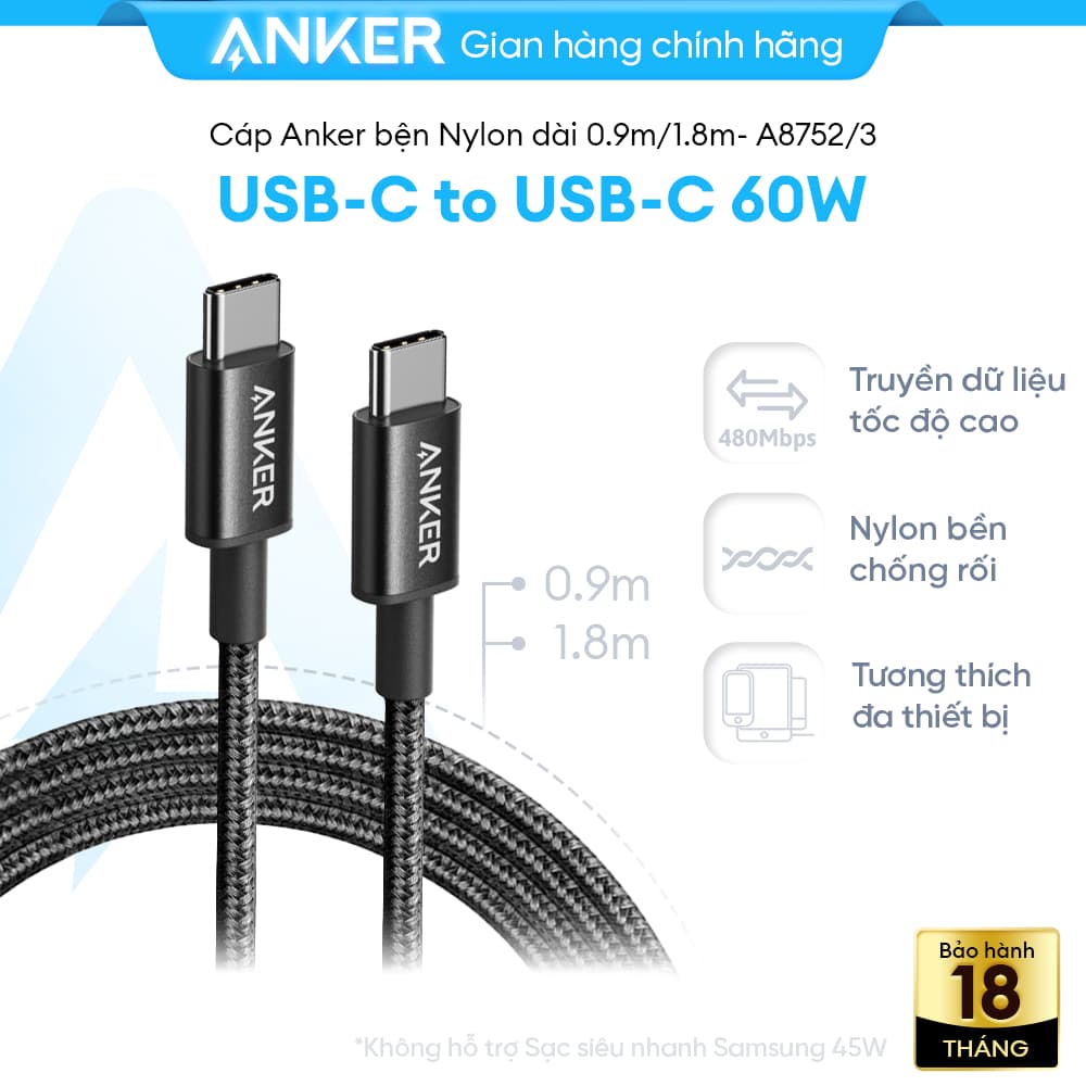 Cáp sạc nhanh Anker USB-C to USB-C 60W, Dây dù, Truyền dữ liệu 480Mbps, sạc iPhone, Samsung, iPad, MacBook  - A8752/3