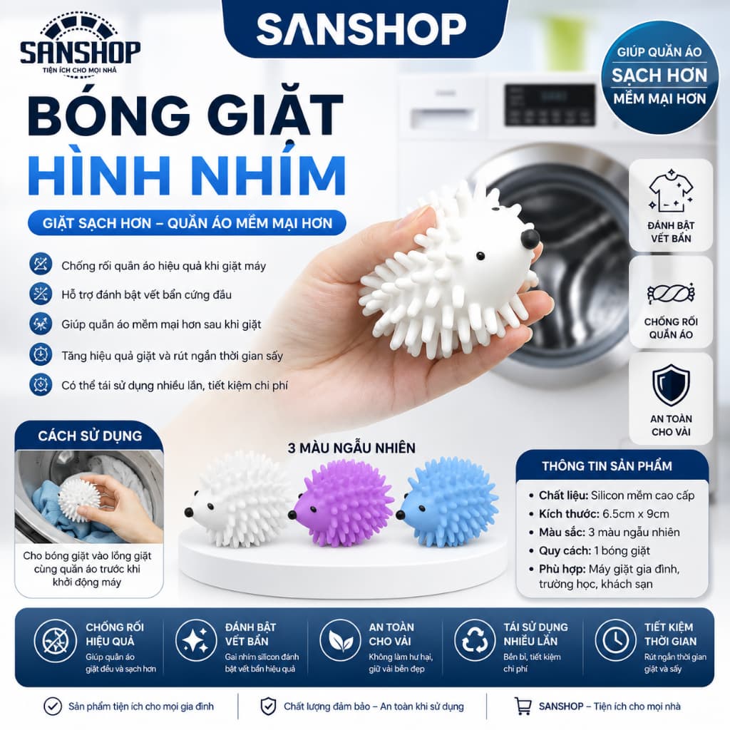 Bóng Giặt Hình Nhím Silicon Chống Rối Quần Áo Máy Hỗ Trợ Đánh Bay Vết Bẩn Tiện Lợi Sanshop