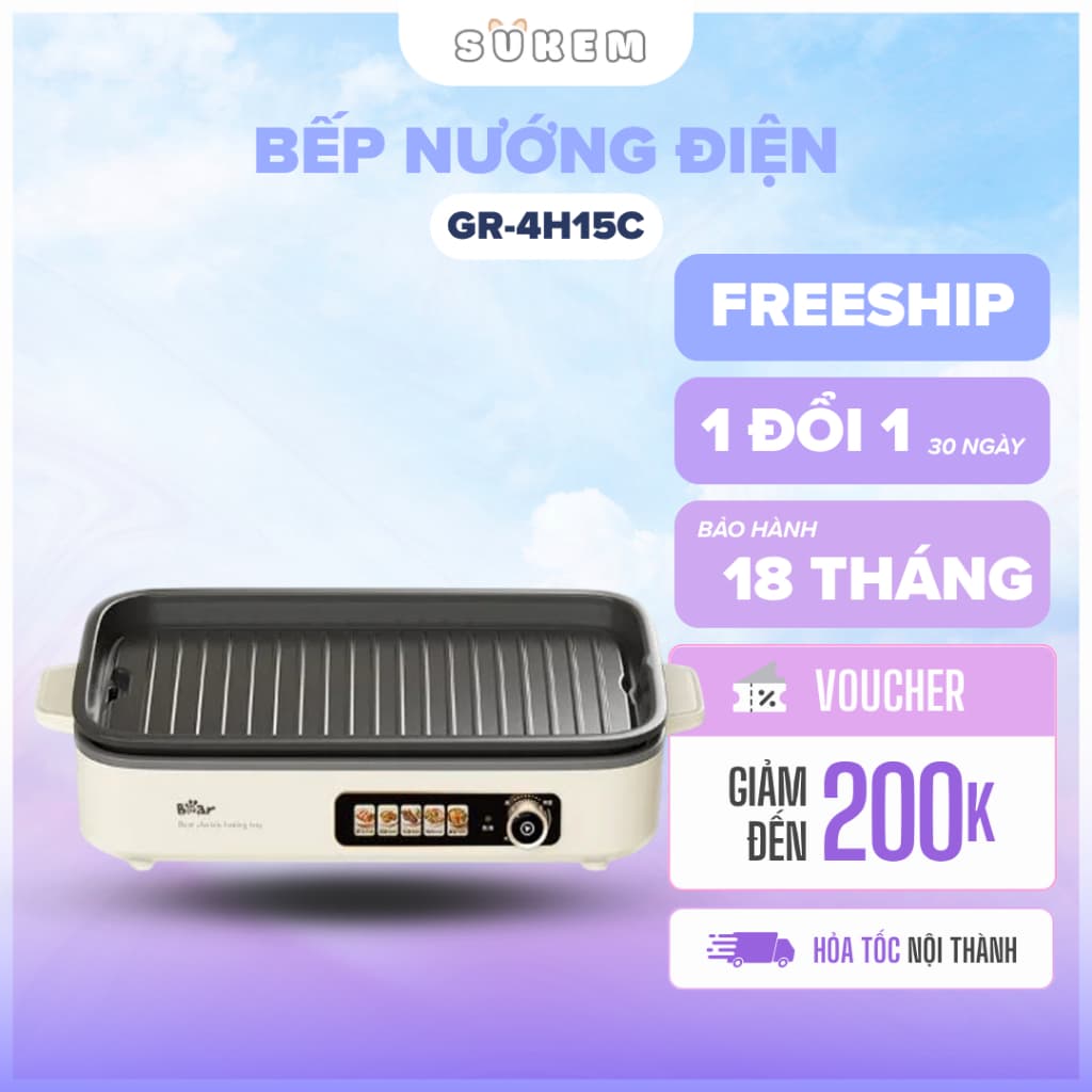 Bếp Nướng Điện Bear GR 4H15C Chính Hãng Nướng Không Khói Chống Dính Công Suất Lớn Cho Gia Đình Tiệc BBQ BẢO HÀNH 18 THÁN