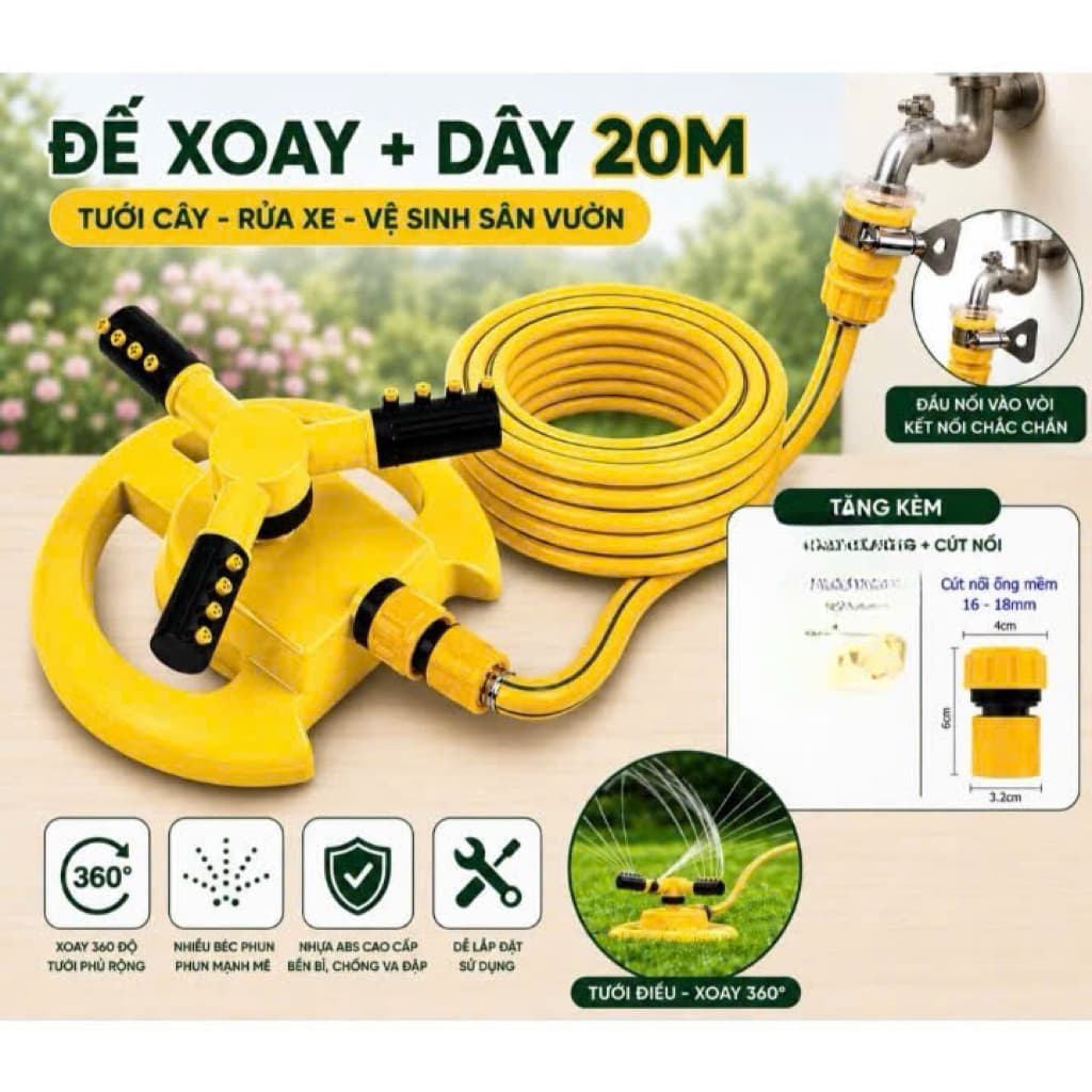 Bộ đế phun tưới cây tưới sân vườn kèm ống nước kèm đầu nối xoay 360 độ