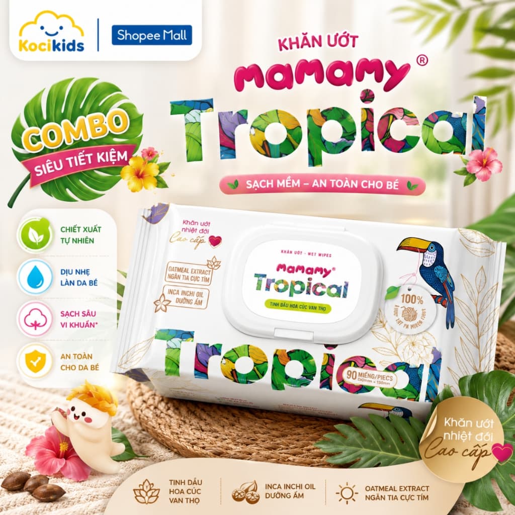Combo khăn ướt Mamamy Tropical không mùi sợi tự nhiên và rayon ngừa hăm, mềm dai sạch sẽ
