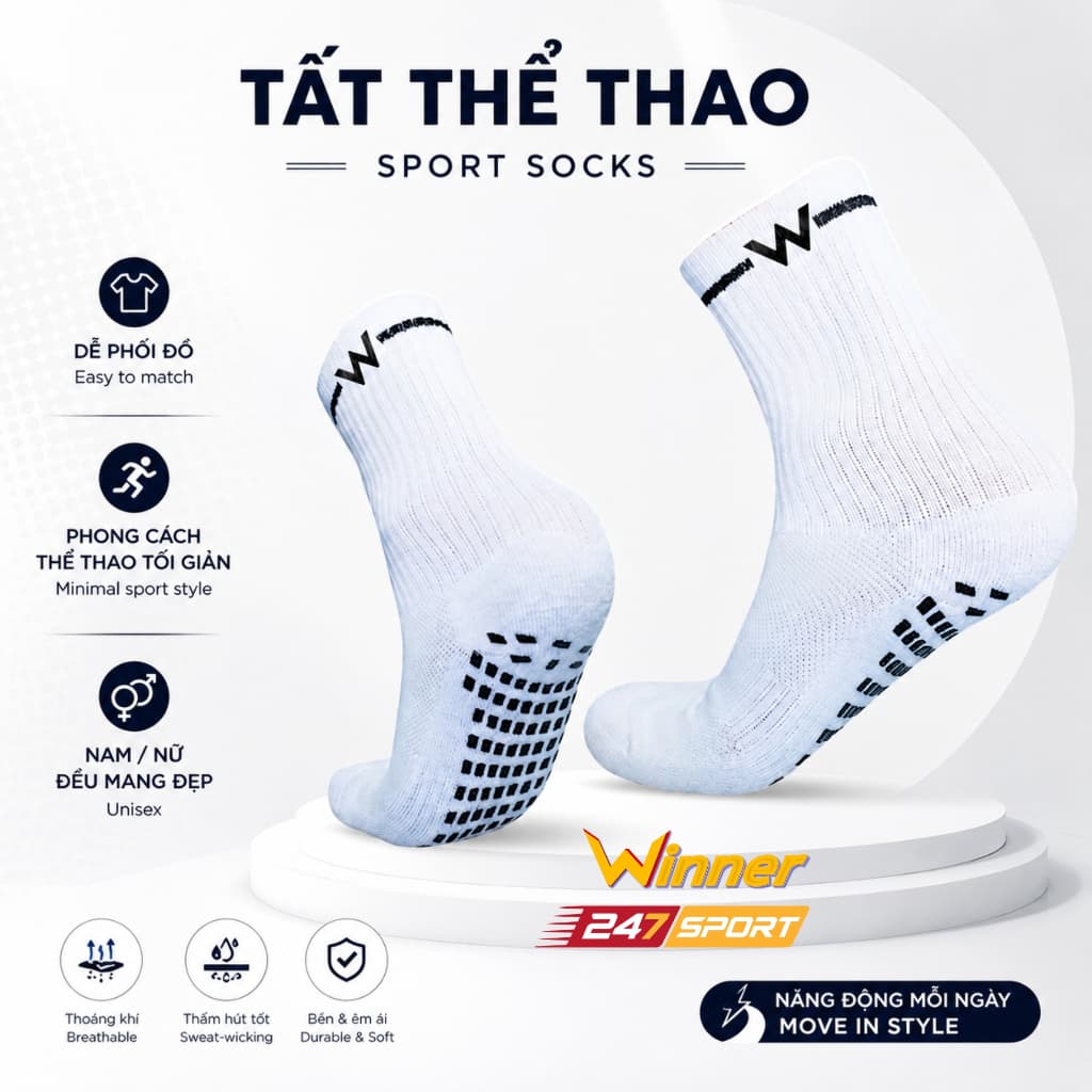 Tất chống trơn đá bóng Winner 247Sport chính hãng cotton thâm hút mồ hôi độ bền cao thể thao pickleball cầu lông chạy bộ