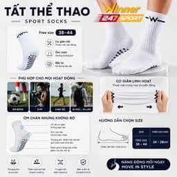 Tất chống trơn đá bóng Winner 247Sport chính hãng cotton thâm hút mồ hôi độ bền cao thể thao pickleball cầu lông chạy bộ 3