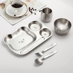 Bộ 5 Món Đồ Ăn Dặm Cho Bé Reichmann Kochin RK-591S : Khay, Cốc, Bát, Thìa, Dĩa Hình Gấu Inox 304 2