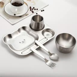 Bộ 5 Món Đồ Ăn Dặm Cho Bé Reichmann Kochin RK-591S : Khay, Cốc, Bát, Thìa, Dĩa Hình Gấu Inox 304 5