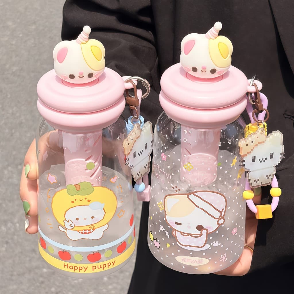 [ BÌNH NHỰA ] Bình đựng nước trong suốt dung tích 500ml có ống hút và lưới lọc trà kèm dây treo dễ thương