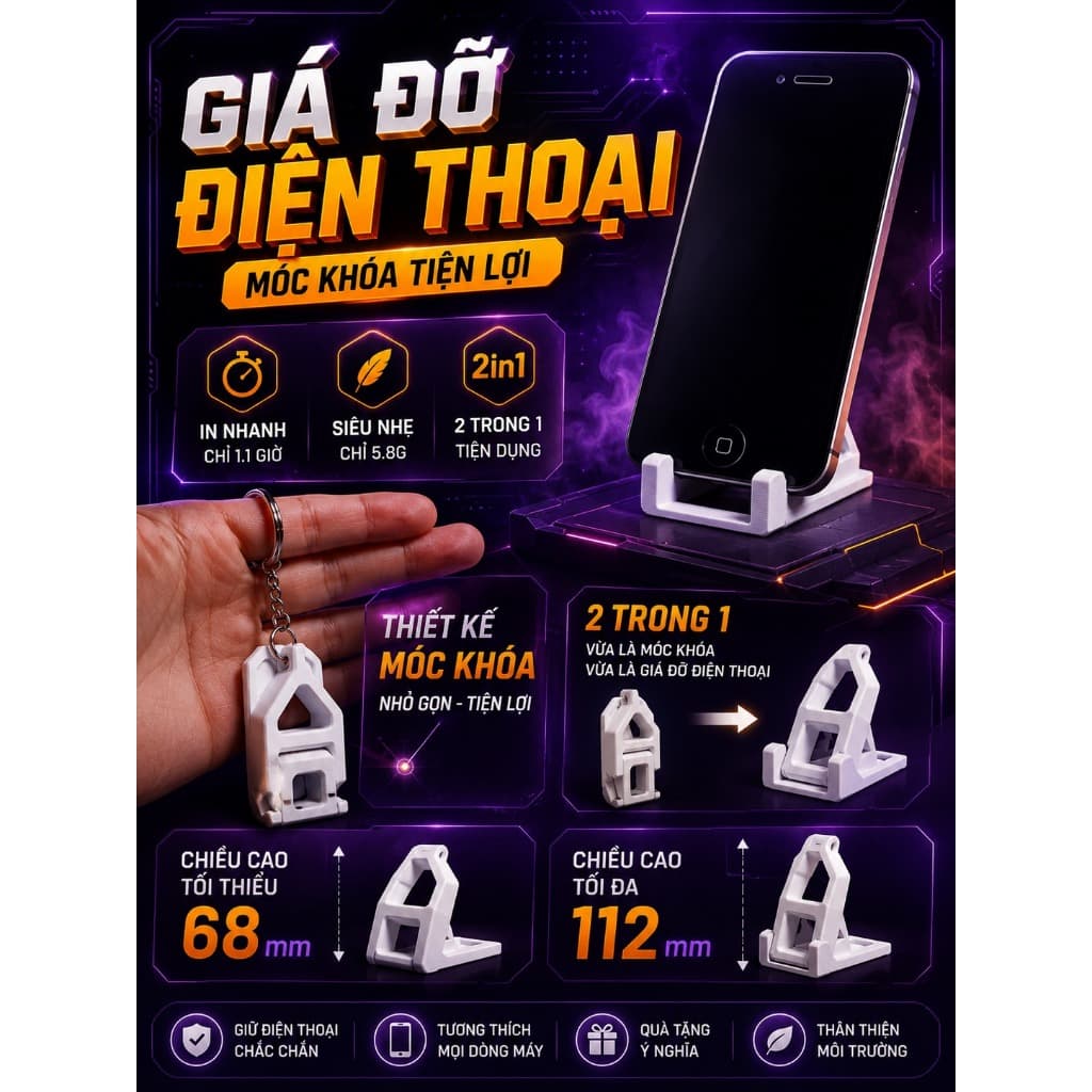 Móc Khóa Kiêm Giá Đỡ Điện Thoại 2-Trong-1 In 3D– Siêu Nhẹ, Gấp Gọn Thông Minh [MÊ 3D]