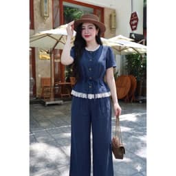 Set denim áo cộc tay phối ren mix quần dài ống xuông cáp bán chun mặc cả set siêu xinh Eva Lover 3