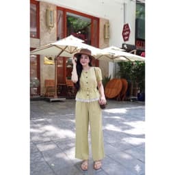 Set denim áo cộc tay phối ren mix quần dài ống xuông cáp bán chun mặc cả set siêu xinh Eva Lover 2