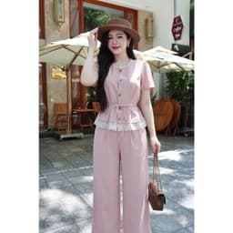Set denim áo cộc tay phối ren mix quần dài ống xuông cáp bán chun mặc cả set siêu xinh Eva Lover 1