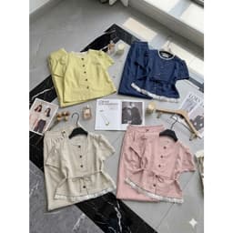 Set denim áo cộc tay phối ren mix quần dài ống xuông cáp bán chun mặc cả set siêu xinh Eva Lover 6