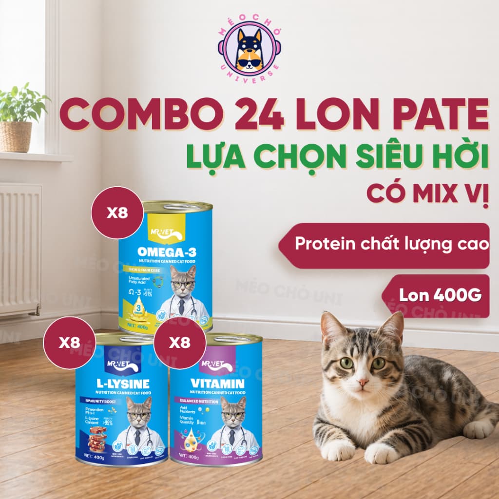 COMBO SIÊU HỜI 24 LON PATE MR.VET MIX 3 Vị DIGESTION/ VITAMIN/ LYSINE 400G- Méo Chò Uni
