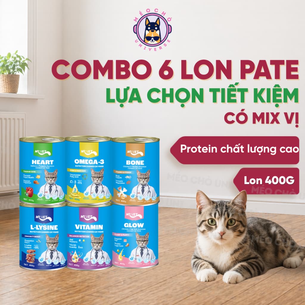 Combo 6 lon Mix vị Pate Lon MR.VET 400G cho mèo mọi lứa tuổi dễ tiêu hoá, mượt lông - Mèo Chò Uni